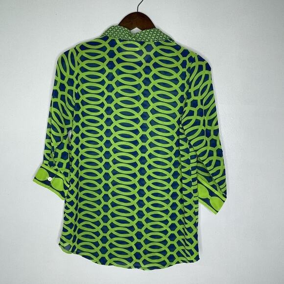 Gretchen Scott Shirt Womens XS Green Blue Geometric Print Button Up Top - Picture 5 of 7